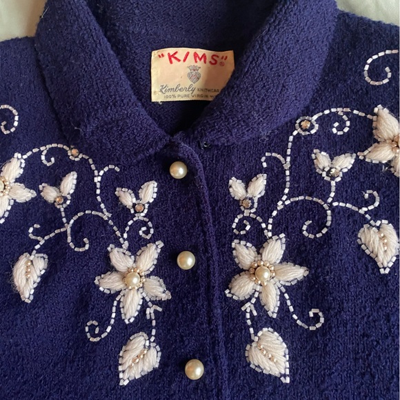 Vintage 50s Cardigan Sweater Wool Navy Beaded Embroidered Knit Kimberly Small - Picture 3 of 5